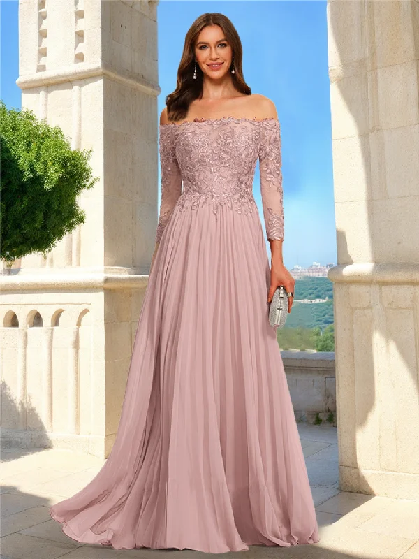 A-Line/Princess Off-the-Shoulder 3/4 Sleeves Lace Prom Dresses Simple Lace Dress