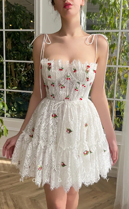 H1950 - Sweet Lace Appliques Sweetheart Spaghetti Straps Sashes Short Homecoming Dress Lace Dress Set