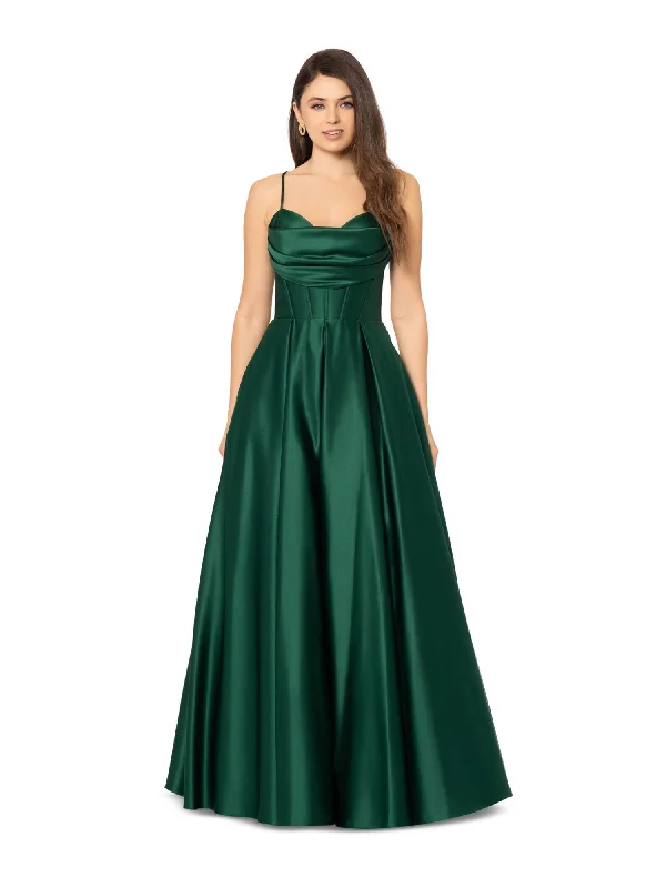 BLONDIE NITES Womens Green Zippered Pocketed Pleated Lace Up Back Boning Spaghetti Strap Sweetheart Neckline Full-Length Formal Gown Dress Lace Dress Bohemian