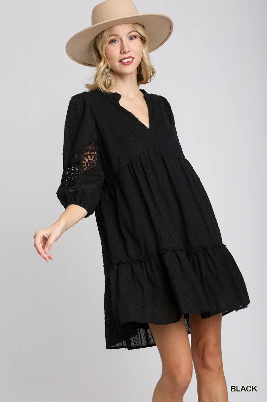 Swiss Dot & Lace Trim Dress - Black Ruffled Lace Gown