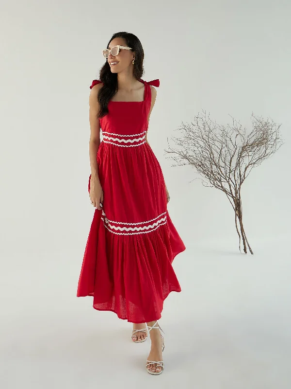 Women Red Ric Rac Lace Strappy Tiered Midi Dress Lace Dress Sleek