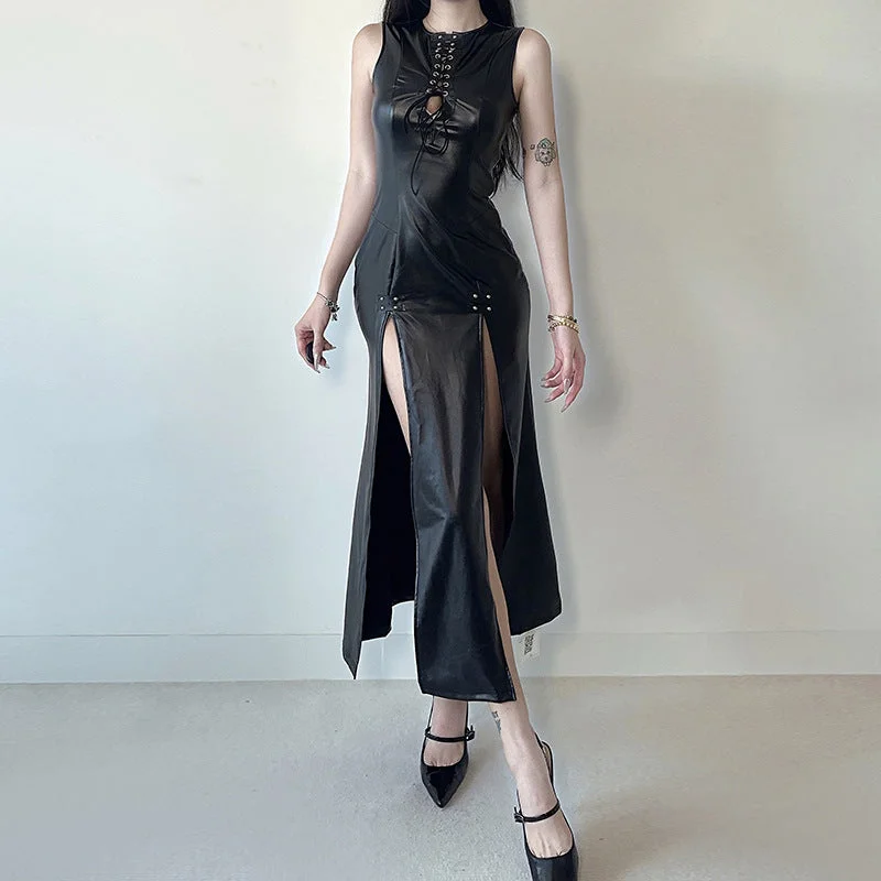 Women's Punk Lace-up Side Slit Faux Leather Music Festival Dress Lace Dress Party