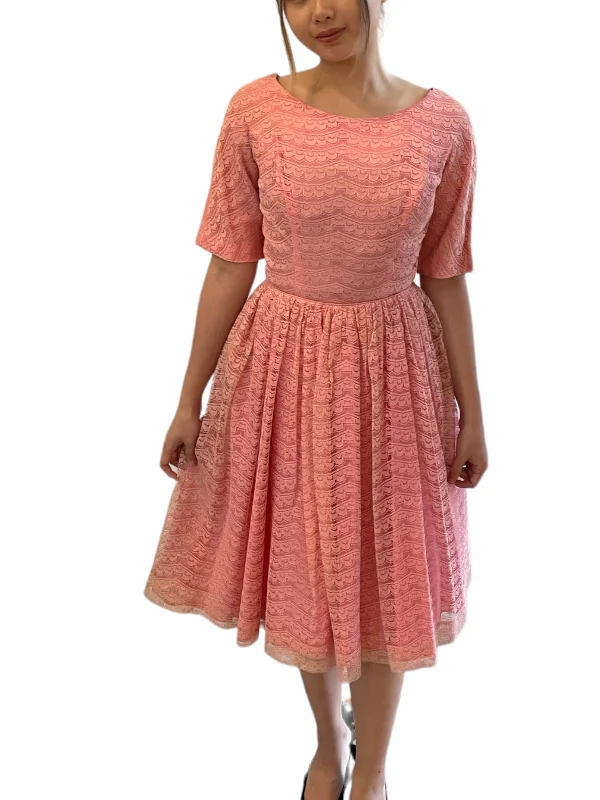 1950s Fit Flare Pink Lace 3/4 Sleeve Lace Dress Lace