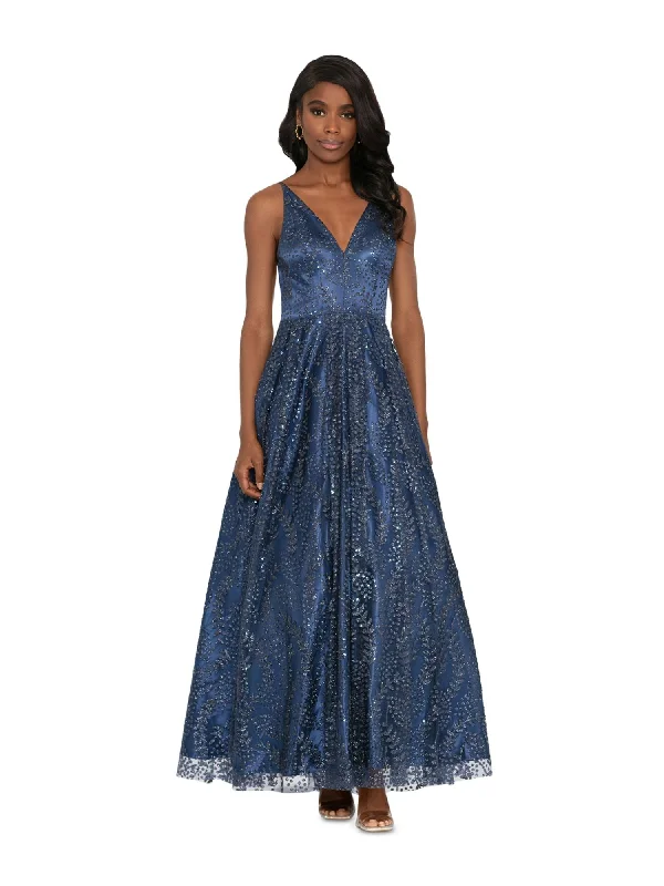 BLONDIE NITES Womens Navy Cut Out Zippered Lace-up Back Lined Sleeveless V Neck Full-Length Prom Gown Dress Lace Dress Shine