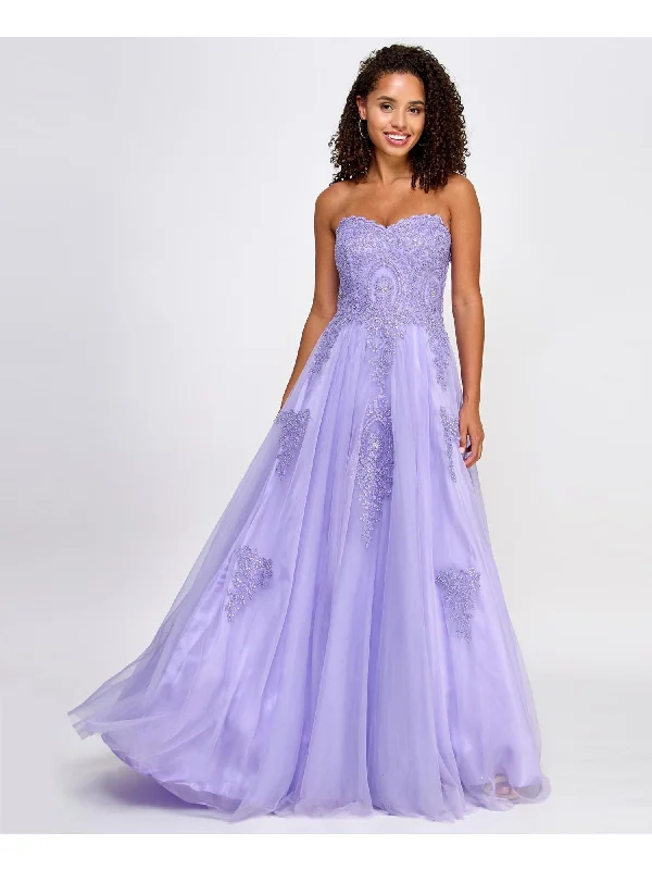 SAY YES TO THE PROM Womens Purple Mesh Embellished Lined Lace-up Corset Back Molded Cups Sleeveless Sweetheart Neckline Full-Length Prom Gown Dress Lace Dress Style