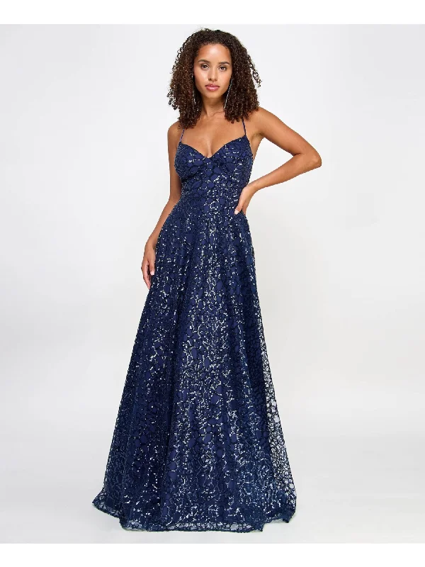 SAY YES TO THE PROM Womens Navy Zippered Lined Lace-up Back Spaghetti Strap Sweetheart Neckline Full-Length Prom Gown Dress Blue Lace Dress