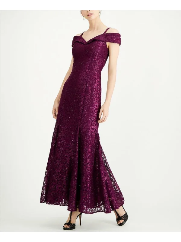 R&M RICHARDS Womens Burgundy Lace Glitter Sleeveless Off Shoulder Maxi Formal Mermaid Dress Lace Skater Dress