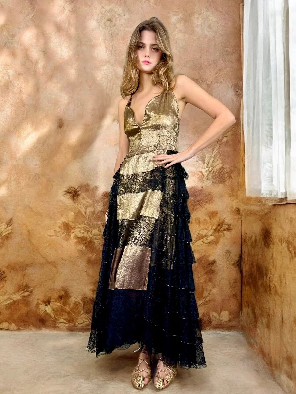 Appoline, 30s gold lamé and black lace dress Full Lace Dress