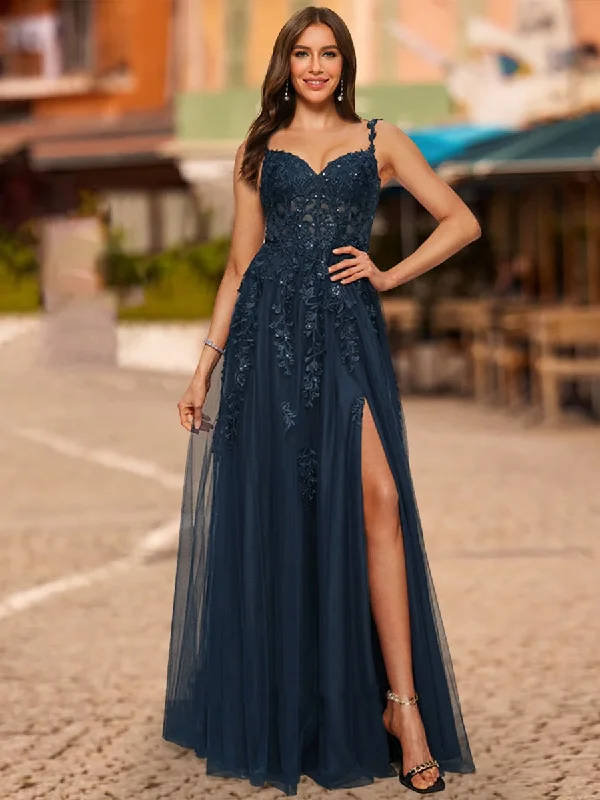 A-Line/Princess V-Neck Sleeveless Lace Prom Dresses Lace Dress Chic