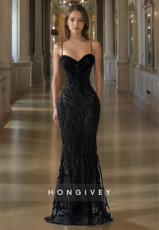 HONGIVEY Black Sheer Lace Applique Straps Mermaid Evening Dress High Quality Custom Made Off-shoulder Lace Dress