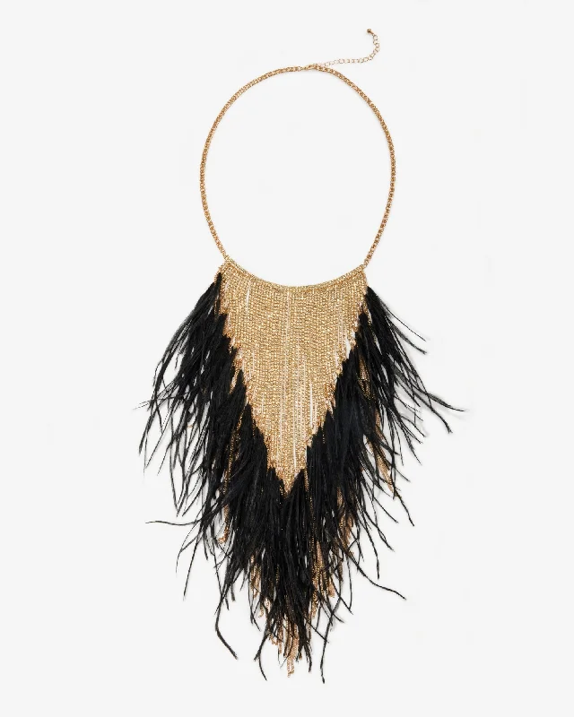 Crystal Feather Statement Necklace Black/Gold Lace Dress Formal