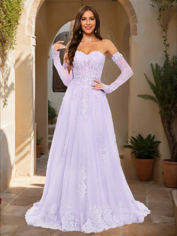 A-Line/Princess Strapless Long Sleeves Lace Prom Dresses Lace Shift Dress