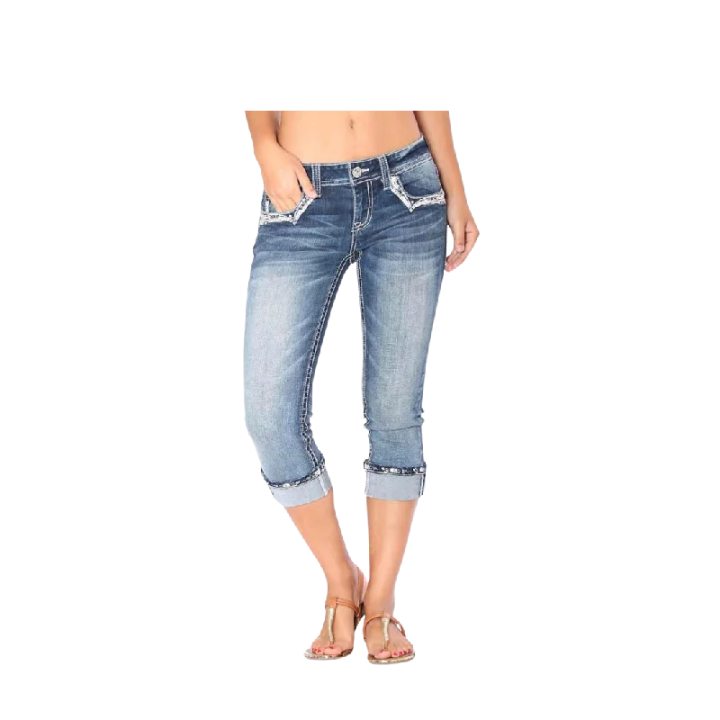 Grace In La Mid Rise Easy Capri Cuffed Rhinestone Embellished Cropped Stretch Jean