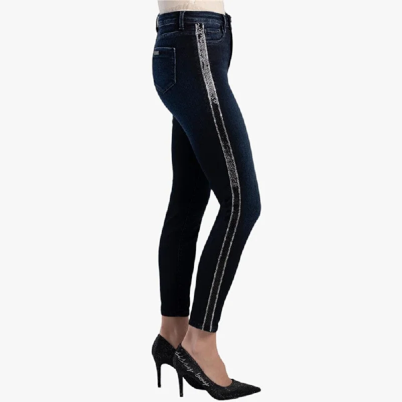 Sissy Boy Womens Mid Waist Skinny Jeans Side Tape Blue Black