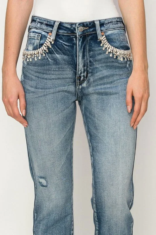 Artemis Vintage High Rise Crystal Embellished Crop Straight Jeans