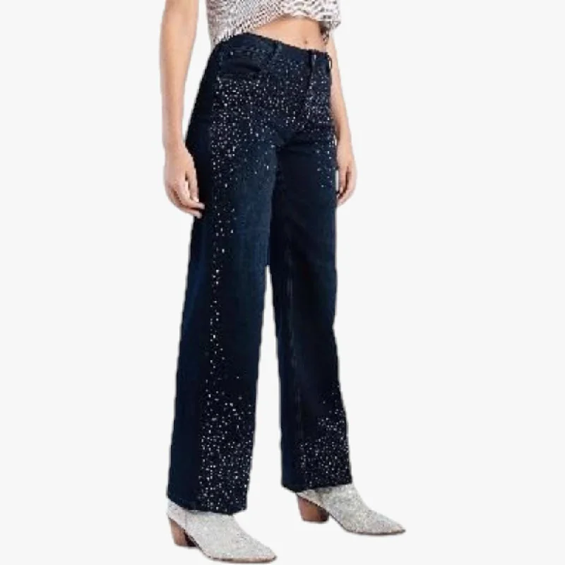 Sissy Boy Womens Ryder Wide Leg With Diamante Jean Blue Black