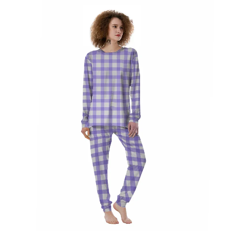 Gingham White And Purple Print Pattern Women's Pajamas Expensive pajama sets