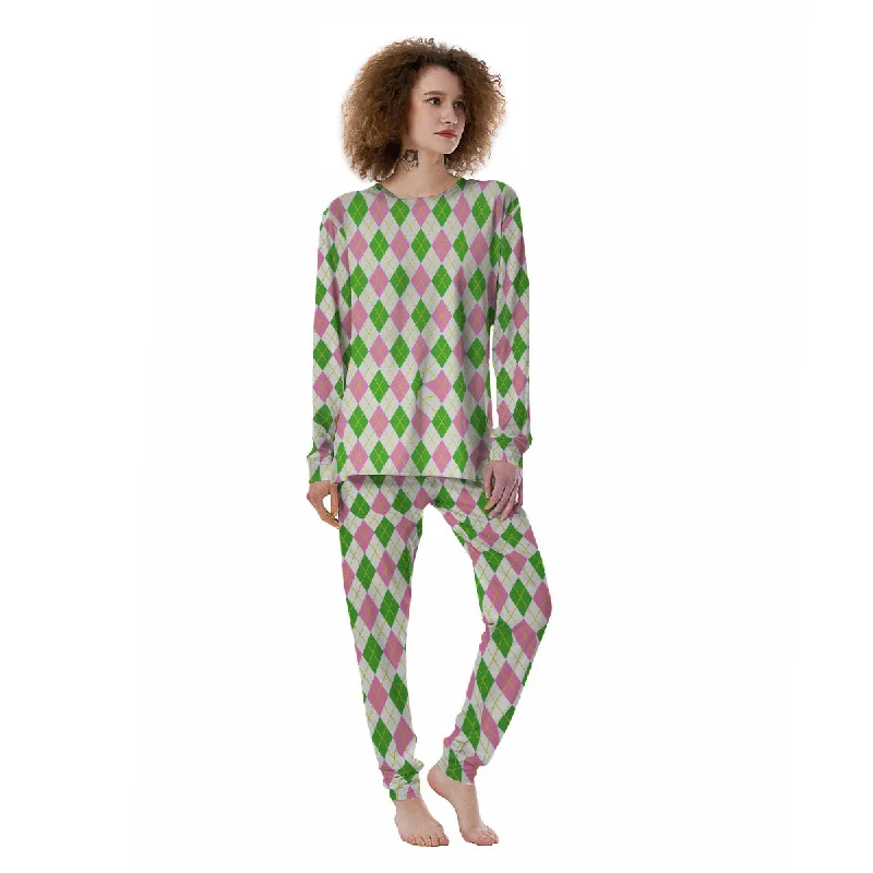 Green Pink And White Argyle Print Pattern Women's Pajamas Men's pajama sets