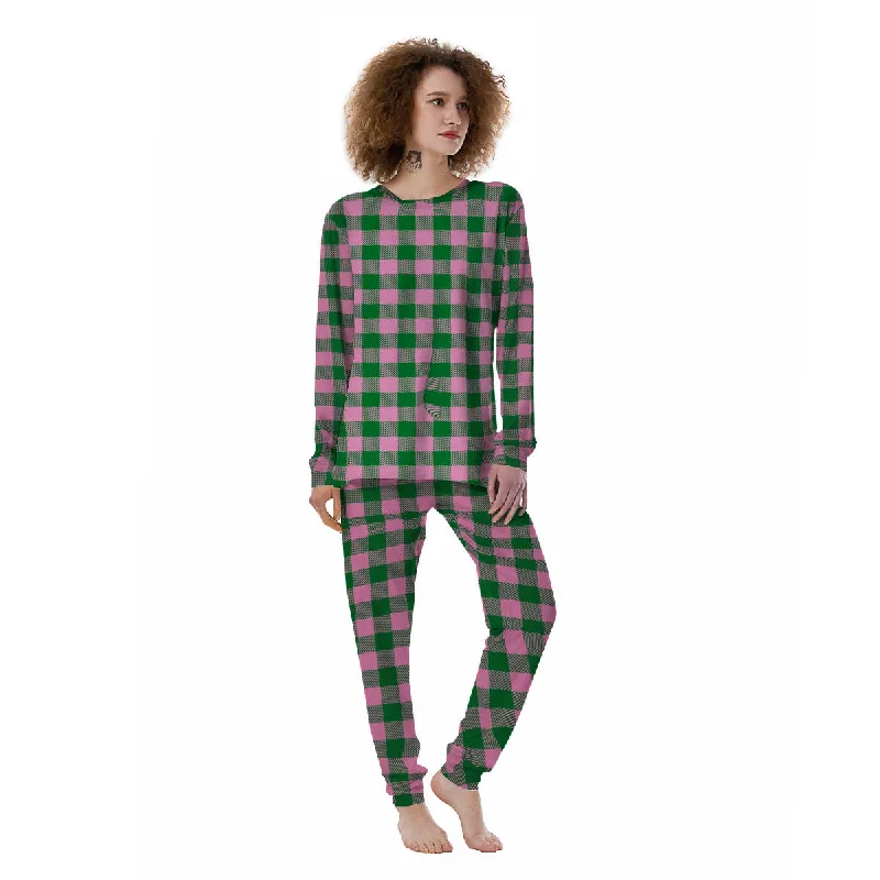 Green Pink And White Tartan Print Pattern Women's Pajamas Trendy pajama sets for women