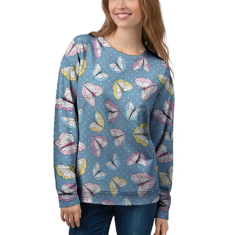 Blue Polka Dots Butterfly Print Women's Sweatshirt Spring sweaters