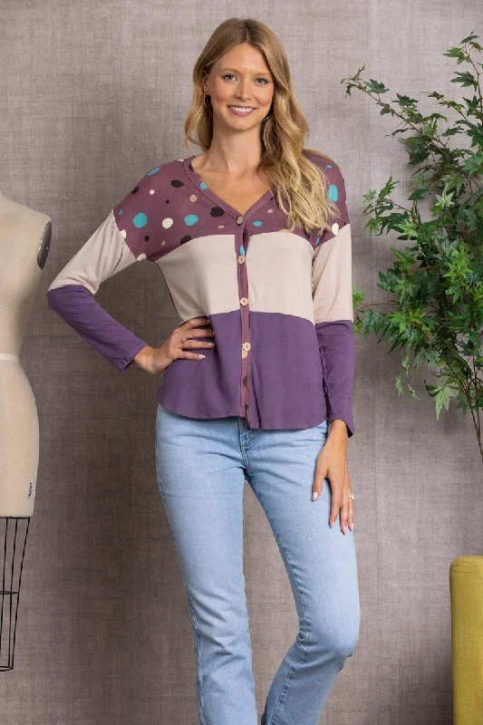 POLKADOT COLOR BLOCK BUTTON DOWN SWEATER-CT43590D Knitted sweaters