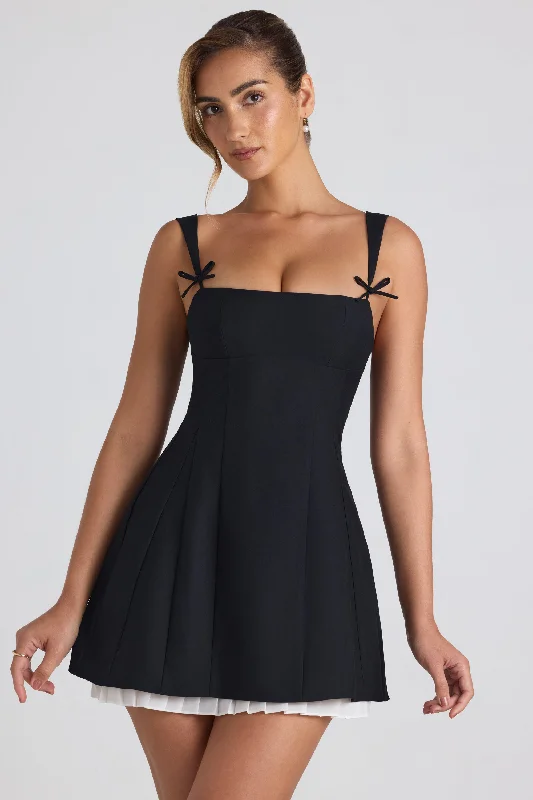 Bow-Detail Pleated A-Line Mini Dress in Black Luxury mini dresses