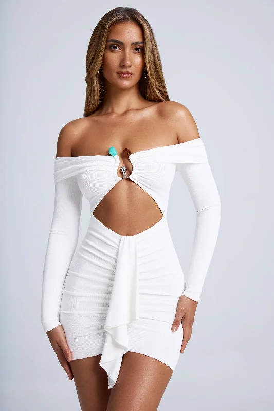 Hardware Detail Off-Shoulder Cut-Out Mini Dress in White Knitted mini dresses