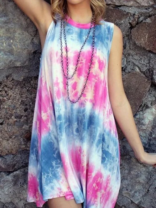 Holiday Round Neck Tie-dye Print Dress Elegant mini dresses