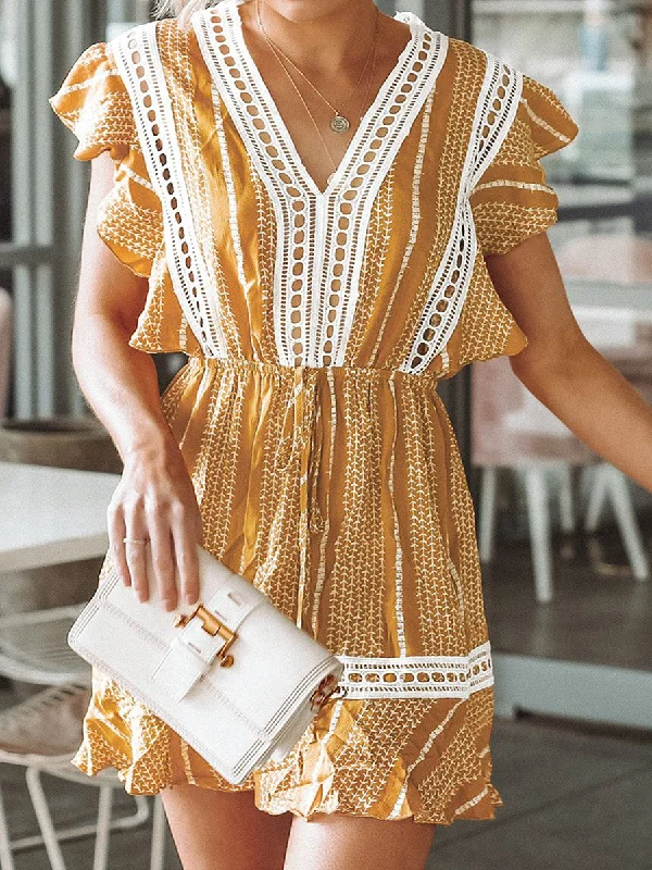 Women Bohemian Yellow Print Ruffled Mini Dress Smocked mini dresses