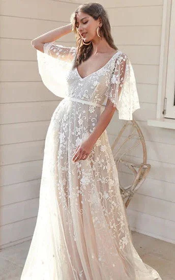 2024 A-Line Tulle Half Sleeve Wedding Dress Country Garden Floor-length Sweep Train V-neck Casual Bohemian Elegant-716821 Full Skirt Gown