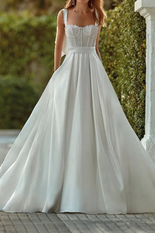 A line Sweetheart Pearls Satin Wedding Dress with Pockets QW2117 Glitter Wedding Dress