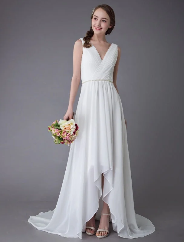 Beach Wedding Dresses Chiffon V Neck High Low Sash Summer Bridal Dress Exclusive Full Skirt Wedding