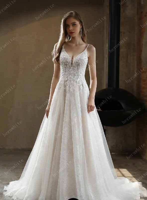 Beaded A-Line Wedding Dress with Spaghetti Straps Classic Bridal Gown