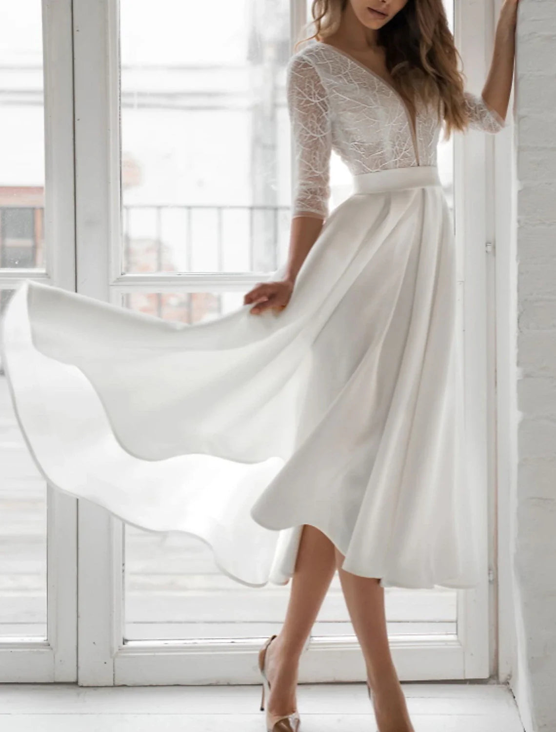 Bridal Shower Little White Dresses Wedding Dresses A-Line V Neck 3/4 Length Sleeve Tea Length Chiffon Bridal Gowns With Solid Color Luxury Lace Gown