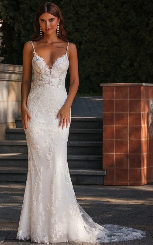 Casual Mermaid Spaghetti Plunging Neckline Lace Wedding Dress with Appliques-716378 Beaded Bridal Gown