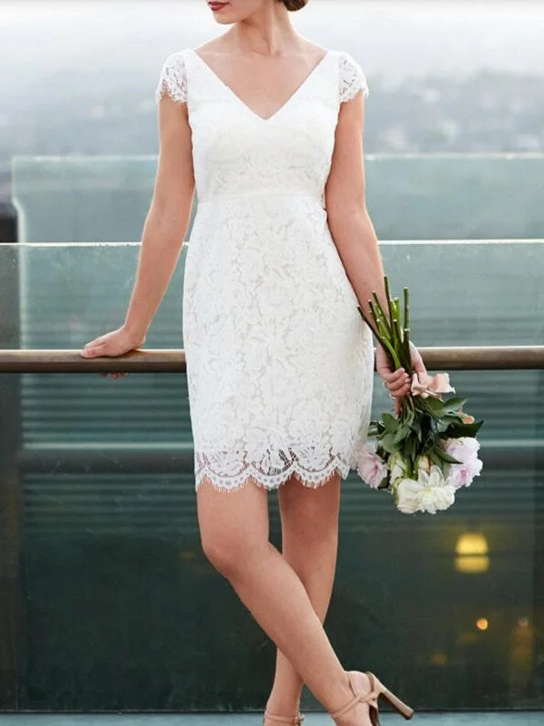 Cap Sleeves Short Wedding Dress Casual Lace Simple Short Bridal Gown Empire Waist Dress