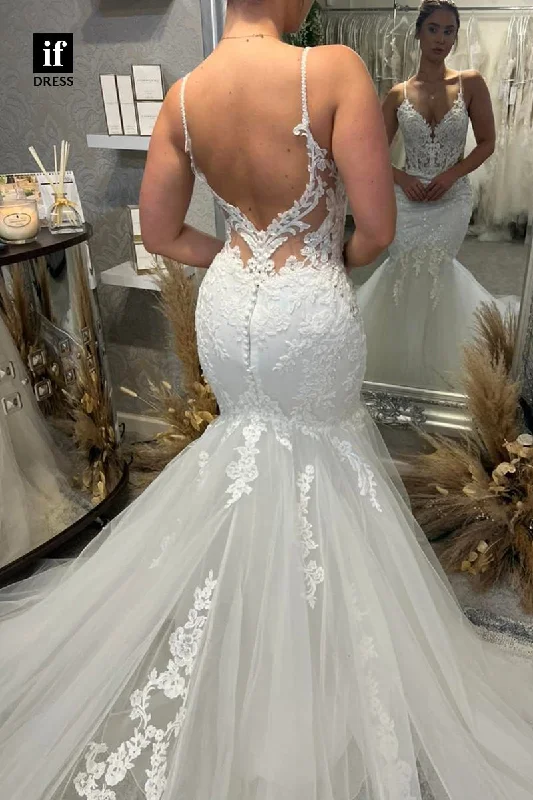 30586 - Spaghetti Straps Backless Trumpet Lace Tulle Wedding Dress Crystal Wedding Dress