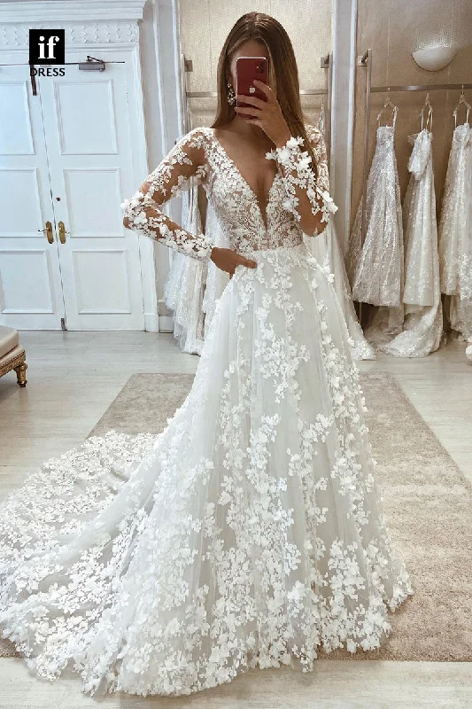 30587 - A-Line Illusion V-Neck Long Sleeves Lace Appliques Wedding Dress Lace V-neck Dress