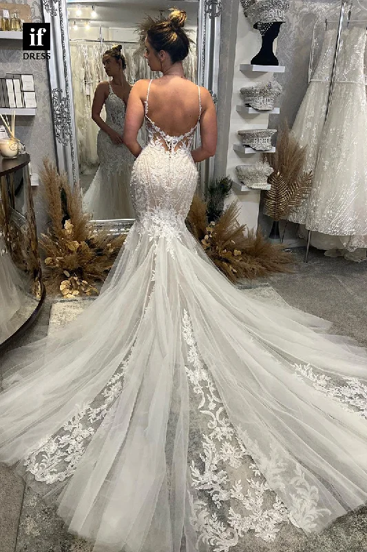 30588 - Sexy Spaghetti Straps V-Neck Trumpet Appliques Wedding Gown Glamorous Wedding Dress