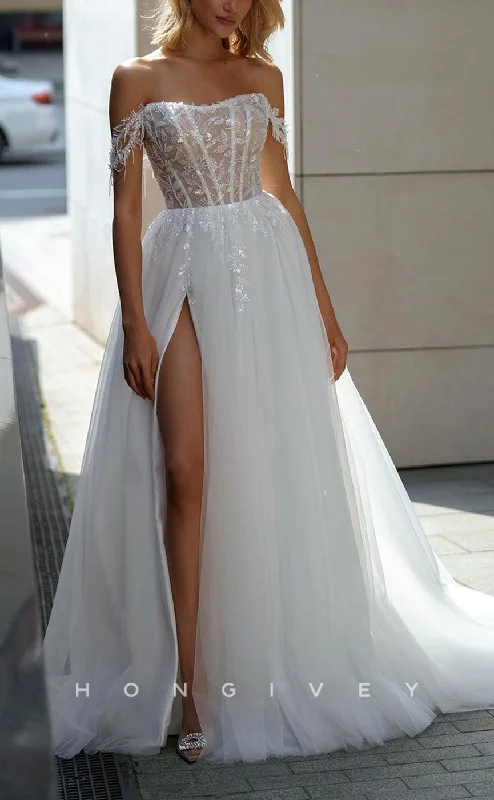 H1539 - Sexy Tulle A-Line Bateau Off-Shoulder Illusion Empire Appliques With Side Slit Train Wedding Dress Lace Wedding Gown