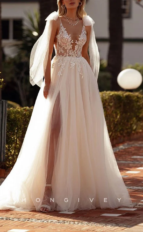 H1541 - Sexy Tulle A-Line V-Neck Bowknot Straps Illusion Empire Appliques With Side Slit Wedding Dress Romantic Satin Dress