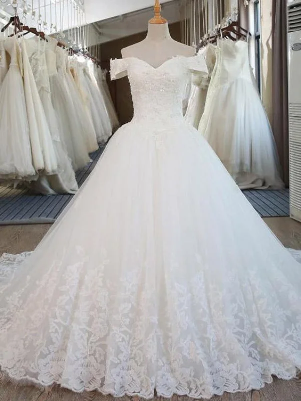 Elegant V-Neck Ball Gown Wedding Dresses Appliques Beaded Court Train Beaded Lace Wedding