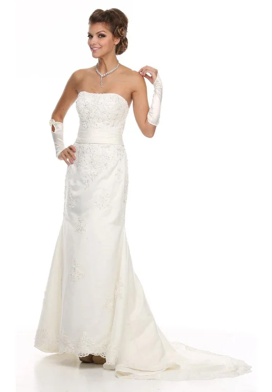 DeKlaire Bridal 318 Floor Length Strapless Embroidered Wedding Gown Classic Satin Gown