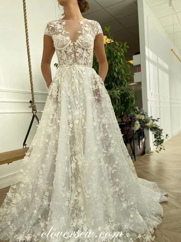 Gorgeous Lace Short Sleeve Illusion Top A-line Wedding Dresses CW0268 Beaded Wedding Gown