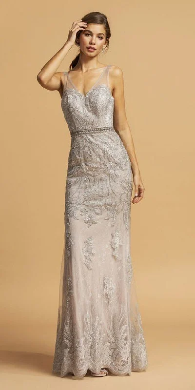 Aspeed L2096 Illusion V-Neck Long Dress with Appliques Simple Satin Gown