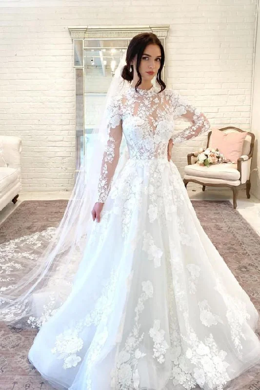 Long A-Line High Neck Open Back Wedding Dress with Lace Sleeves Chic Wedding Gown