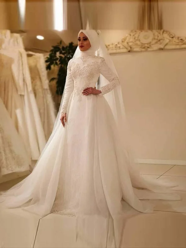 Modest Long Sleeves High Neck A-line Wedding Dresses Sexy Lace Gown