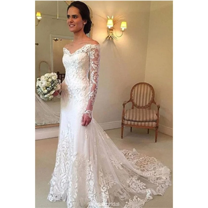 New Arrival Off the Shoulder Long Sleeves Lace Wedding Dresses With Train, WD0388 Elegant Satin Dress