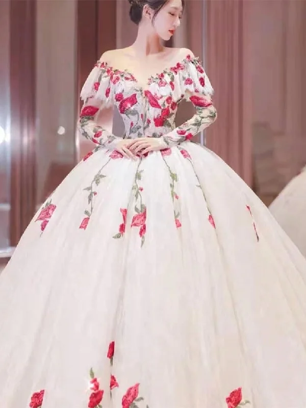 Off Shoulder Long Sleeves Rose Floral Wedding Dresses, Ball Gown, Long Wedding Dresses, Newest Wedding Dresses Satin Bridal Gown