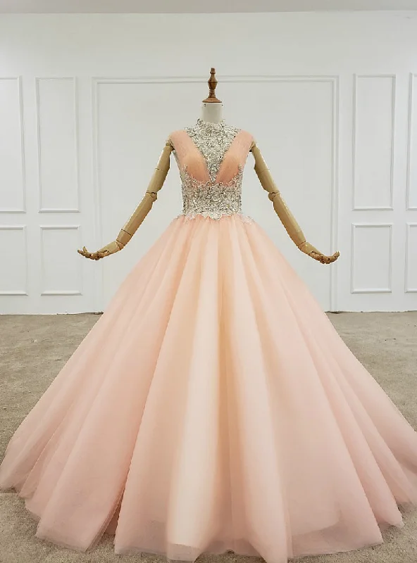 Orange Ball Gown Tulle Pleats Backless High Neck Beading Crystal Wedding Dress Sleeveless Bridal Gown